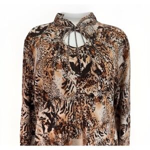 Reba XL Animal Print Beaded Keyhole Top Brown Beige‎ Long Sleeve Blouse